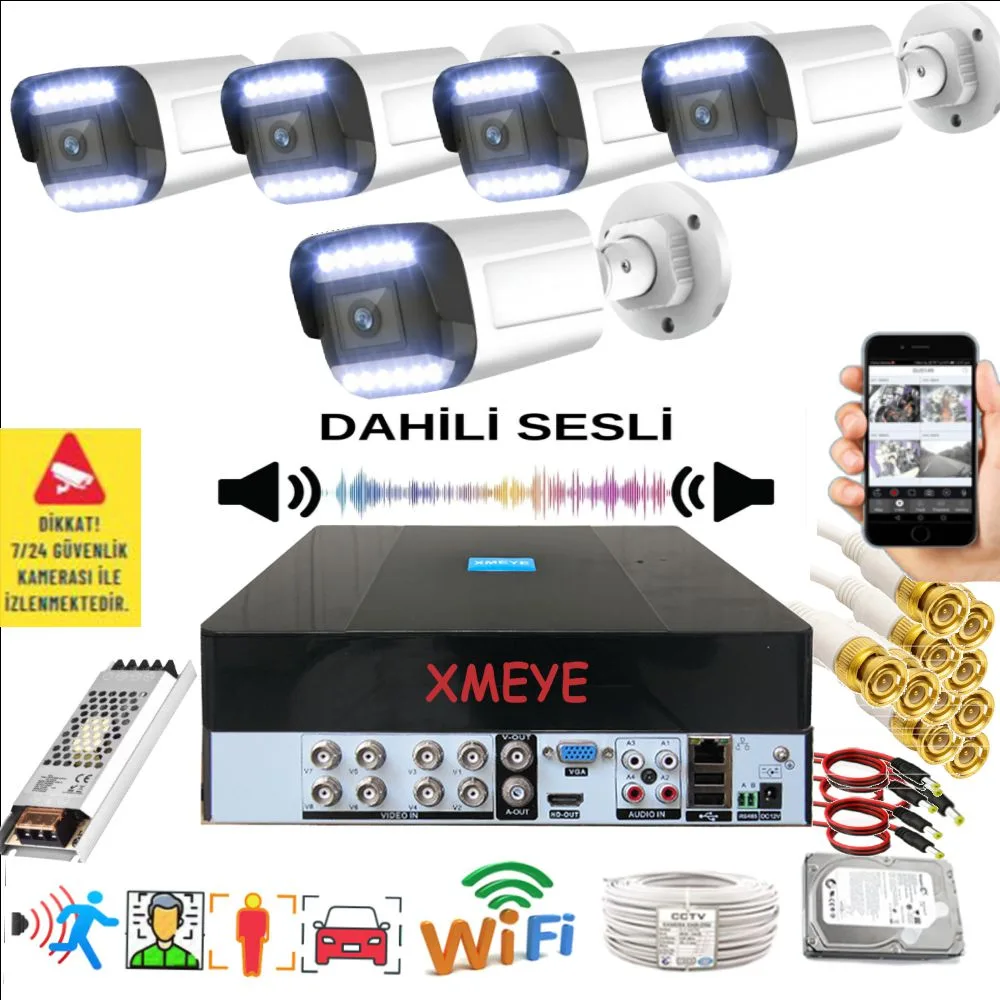 5 Kameralı Set - Yapay Zeka Özellikli Gece Renkli Sesli FullHD 5Mp Lensli 12 Warm Ledli Güvenlik Kamerası Seti 312WS-9008