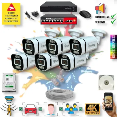 6 Kameralı IP POE Set - Yapay Zeka Özellikli Gece Renkli Gösteren Sesli 6 Warm Ledli 4K FULLHD IP Güvenlik Kamerası Seti 4386WS