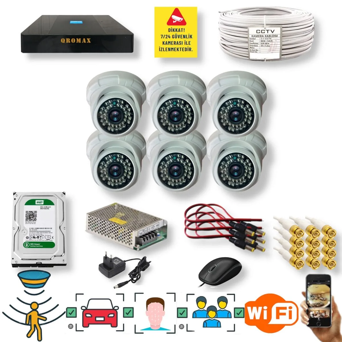 6 Kameralı Set – Yapay Zeka Özellikli Gece Görüşlü 5 MP Sony Lensli FullHD İç Mekan Güvenlik Kamerası Seti D136B-9008
