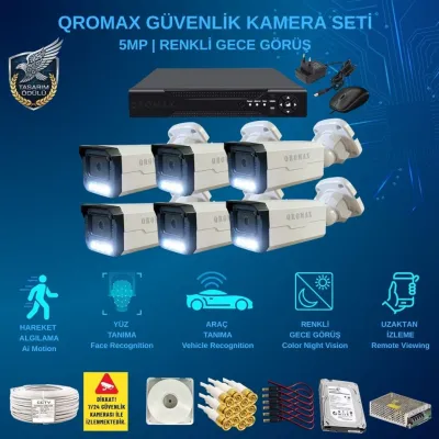 6 Kameralı Set - Yapay Zeka Özellikli Gece Renkli Gösteren 5 MP SONY Lensli 4 Warm Ledli FULLHD Güvenlik Kamerası Seti 3404W