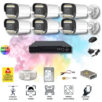 6 Kameralı Set - Yapay Zeka Özellikli Gece Renkli Gösteren 5MP SONY Lensli 12 Warm Ledli FULLHD Güvenlik Kamerası Seti 312W-108