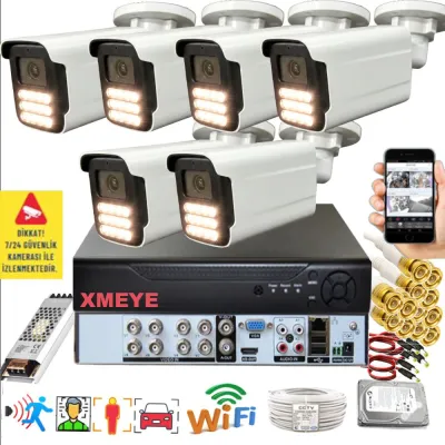 6 Kameralı Set - Yapay Zeka Özellikli Gece Renkli Gösteren 5MP SONY Lensli 15 Warm Ledli FULLHD Güvenlik Kamerası Seti 3015W-108
