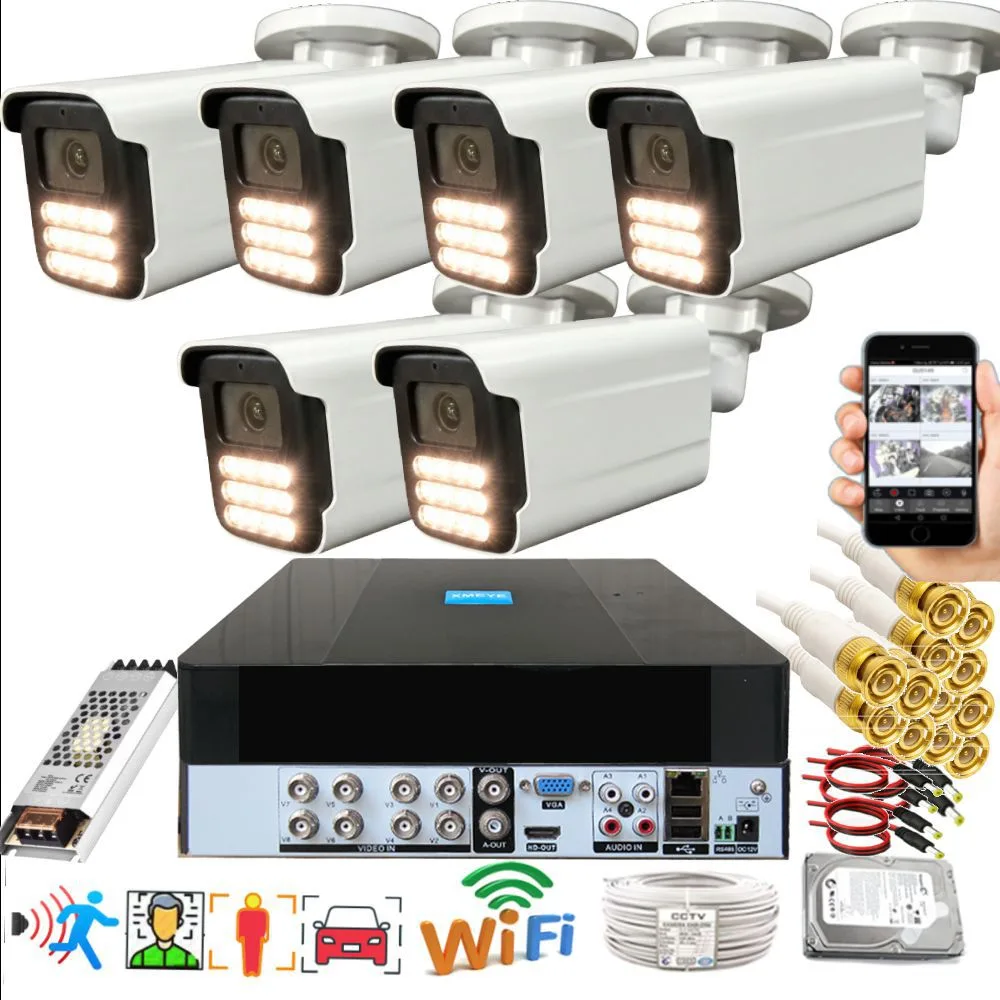 6 Kameralı Set - Yapay Zeka Özellikli Gece Renkli Gösteren 5MP SONY Lensli 15 Warm Ledli FULLHD Güvenlik Kamerası Seti 3015W-9008