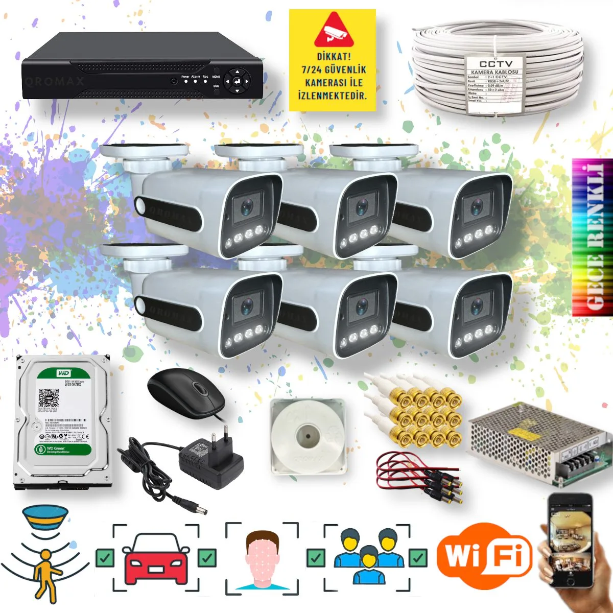 6 Kameralı Set - Yapay Zeka Özellikli Gece Renkli Gösteren 5MP SONY Lensli 4 Ultra Warm Ledli FULLHD Güvenlik Kamerası Seti 784W-108