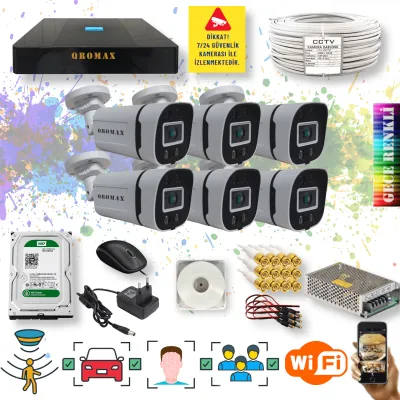 6 Kameralı Set - Yapay Zeka Özellikli Gece Renkli Gösteren 5MP SONY Lensli 4 Ultra Warm Ledli FULLHD Güvenlik Kamerası Seti W-604W-9008
