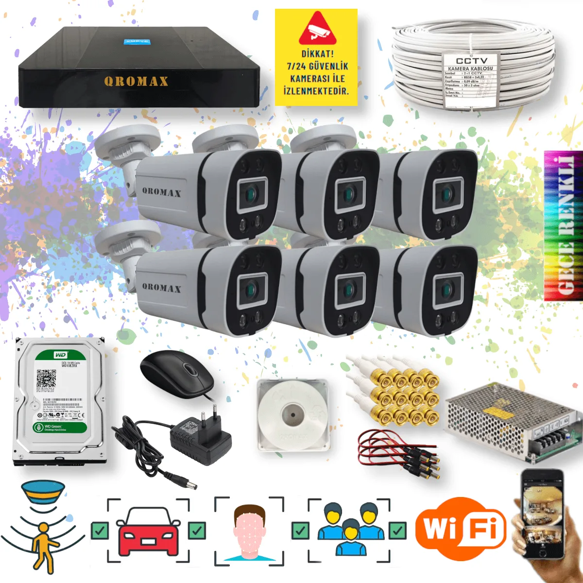 6 Kameralı Set - Yapay Zeka Özellikli Gece Renkli Gösteren 5MP SONY Lensli 4 Ultra Warm Ledli FULLHD Güvenlik Kamerası Seti W-604W-9008