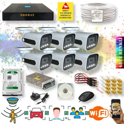 6 Kameralı Set - Yapay Zeka Özellikli Gece Renkli Gösteren Fullhd Güvenlik Kamerası Seti 784w-9008