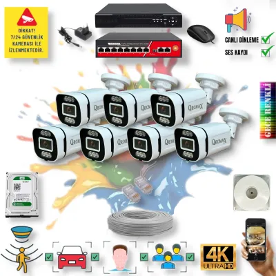 7 Kameralı POE IP Set - Yapay Zeka Özellikli Gece Renkli Gösteren Sesli 6 Warm Ledli 4K FULLHD IP Güvenlik Kamerası Seti 4386WS