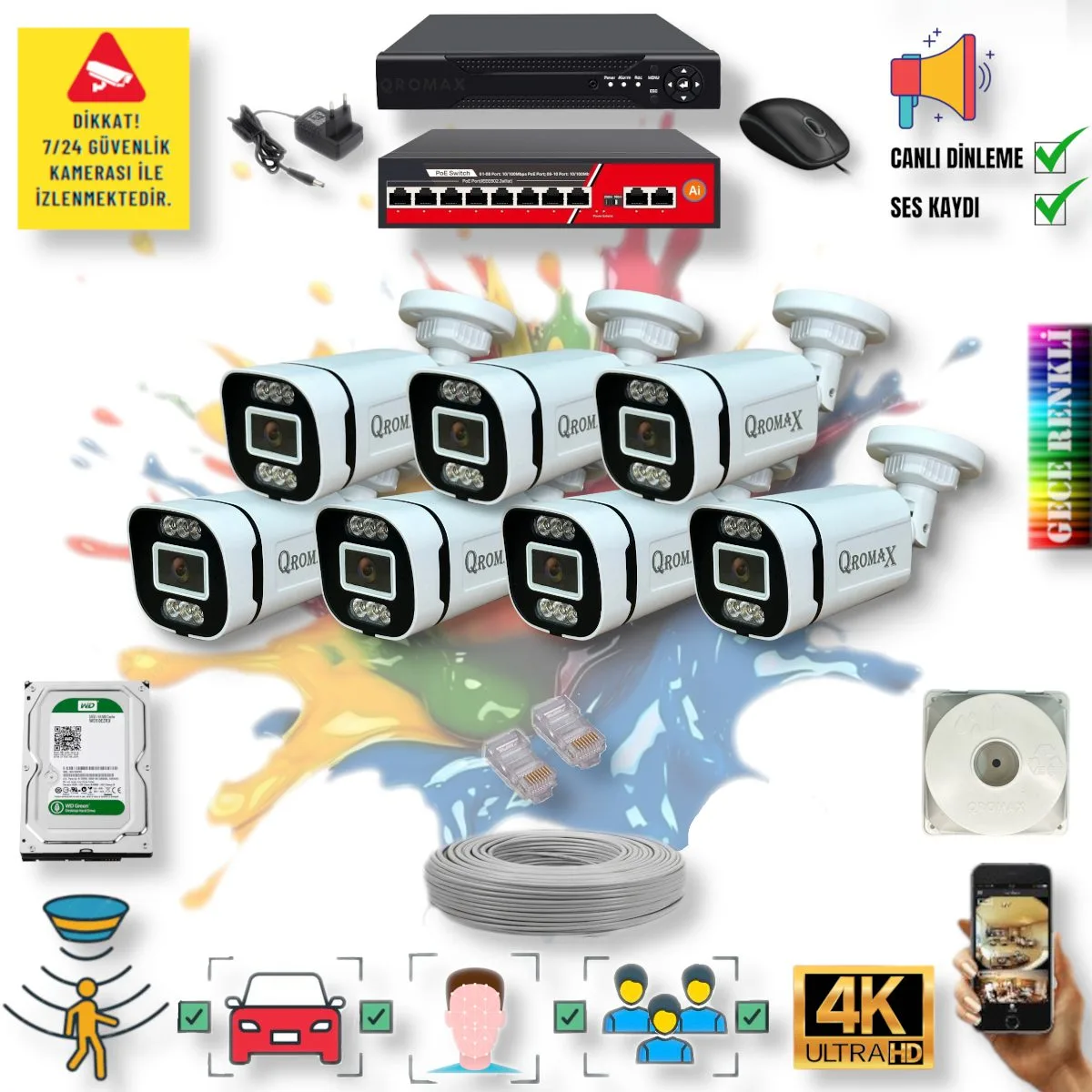 7 Kameralı POE IP Set - Yapay Zeka Özellikli Gece Renkli Gösteren Sesli 6 Warm Ledli 4K FULLHD IP Güvenlik Kamerası Seti 4386WS