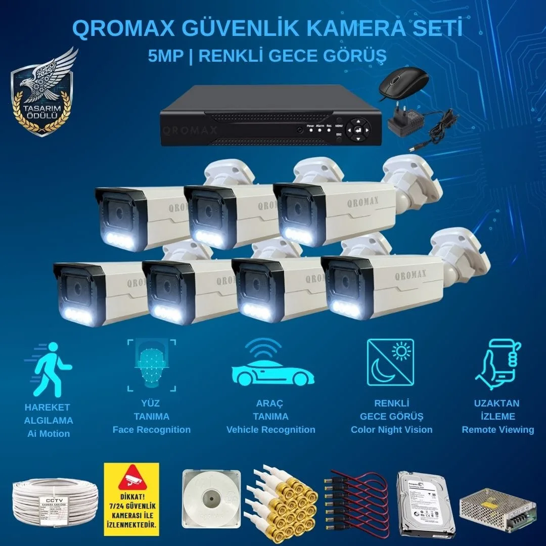 7 Kameralı Set - Yapay Zeka Özellikli Gece Renkli Gösteren 5 MP SONY Lensli 4 Warm Ledli FULLHD Güvenlik Kamerası Seti 3404W
