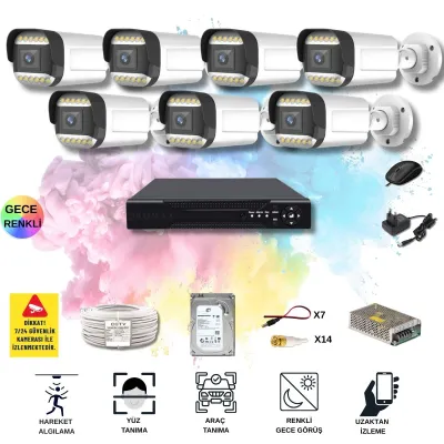 7 Kameralı Set - Yapay Zeka Özellikli Gece Renkli Gösteren 5MP SONY Lensli 12 Warm Ledli FULLHD Güvenlik Kamerası Seti 312W-108