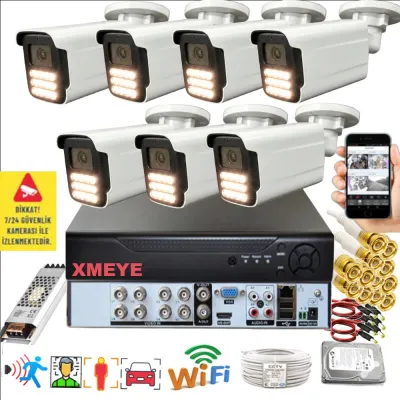 7 Kameralı Set - Yapay Zeka Özellikli Gece Renkli Gösteren 5MP SONY Lensli 15 Warm Ledli FULLHD Güvenlik Kamerası Seti 3015W-108