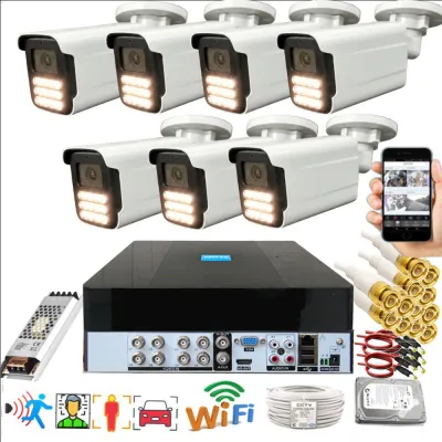 7 Kameralı Set - Yapay Zeka Özellikli Gece Renkli Gösteren 5MP SONY Lensli 15 Warm Ledli FULLHD Güvenlik Kamerası Seti 3015W-9008