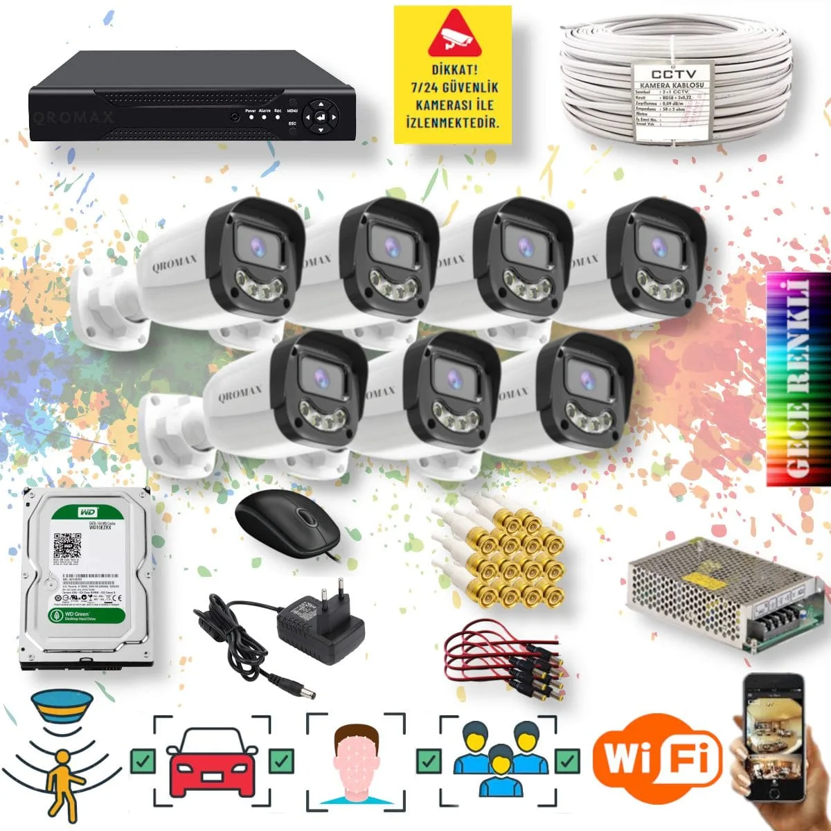 7 Kameralı Set - Yapay Zeka Özellikli Gece Renkli Gösteren 5MP SONY Lensli 4 Ultra Warm Ledli FULLHD Güvenlik Kamerası Seti 2304W-108