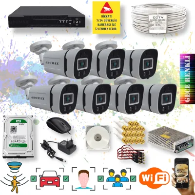 7 Kameralı Set - Yapay Zeka Özellikli Gece Renkli Gösteren 5MP SONY Lensli 4 Ultra Warm Ledli FULLHD Güvenlik Kamerası Seti 604W - 108