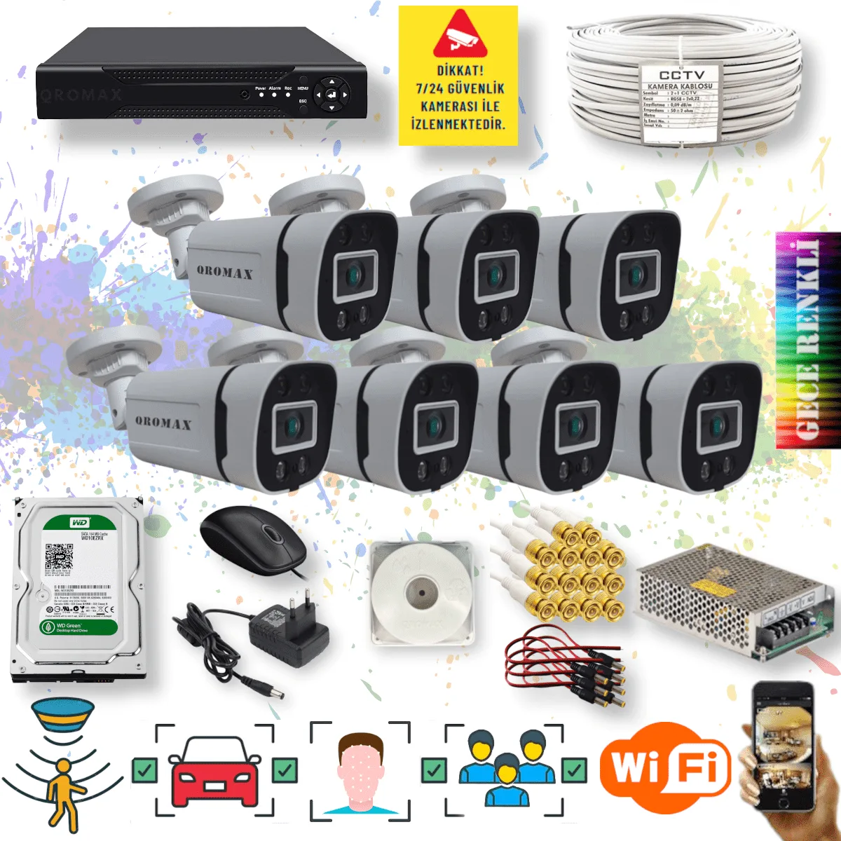 7 Kameralı Set - Yapay Zeka Özellikli Gece Renkli Gösteren 5MP SONY Lensli 4 Ultra Warm Ledli FULLHD Güvenlik Kamerası Seti 604W - 108