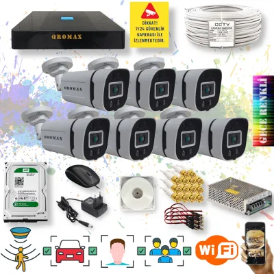 7 Kameralı Set - Yapay Zeka Özellikli Gece Renkli Gösteren 5MP SONY Lensli 4 Ultra Warm Ledli FULLHD Güvenlik Kamerası Seti 604W-9008
