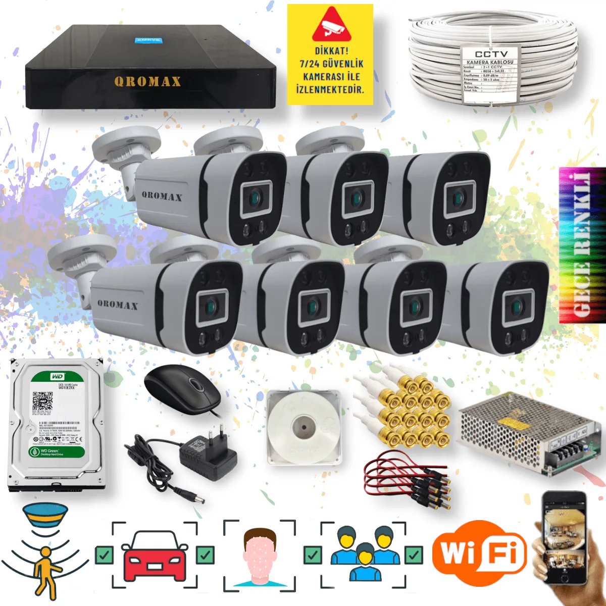 7 Kameralı Set - Yapay Zeka Özellikli Gece Renkli Gösteren 5MP SONY Lensli 4 Ultra Warm Ledli FULLHD Güvenlik Kamerası Seti 604W-9008