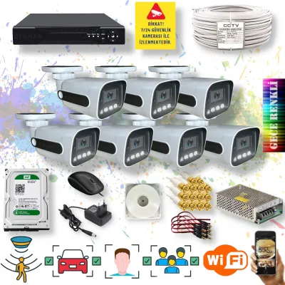 7 Kameralı Set - Yapay Zeka Özellikli Gece Renkli Gösteren 5MP SONY Lensli 4 Ultra Warm Ledli FULLHD Güvenlik Kamerası Seti 784W-108