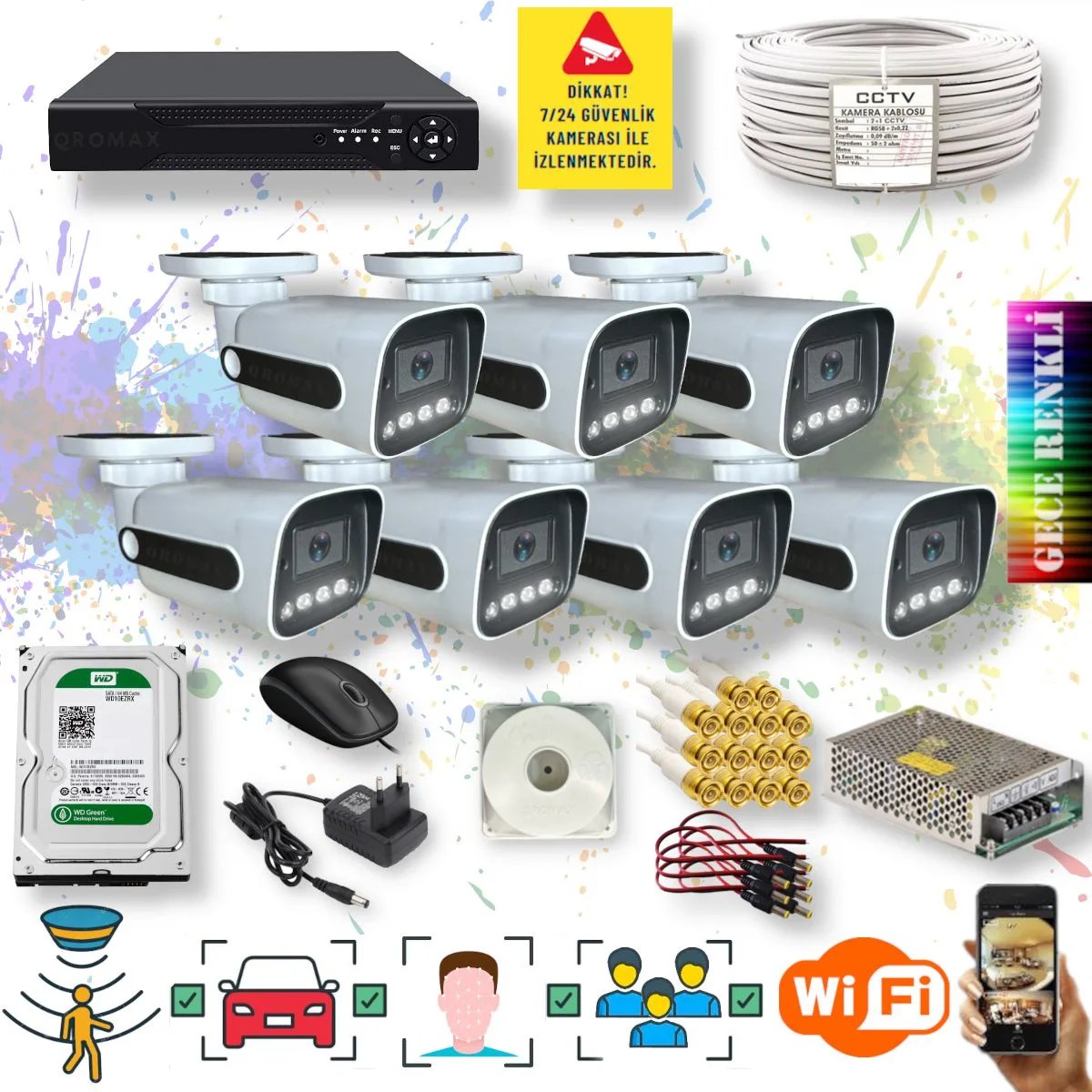 7 Kameralı Set - Yapay Zeka Özellikli Gece Renkli Gösteren 5MP SONY Lensli 4 Ultra Warm Ledli FULLHD Güvenlik Kamerası Seti 784W-108
