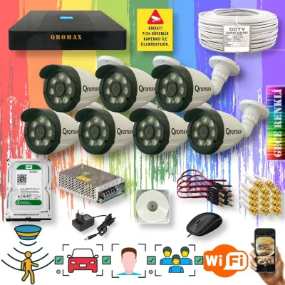 7 Kameralı Set - Yapay Zeka Özellikli Gece Renkli Gösteren 8 Warm Ledli TurboHD Güvenlik Kamerası Seti 3908W-9008