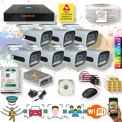 7 Kameralı Set - Yapay Zeka Özellikli Gece Renkli Gösteren Fullhd Güvenlik Kamerası Seti 784w-9008