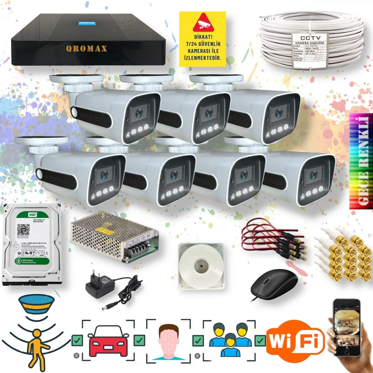 7 Kameralı Set - Yapay Zeka Özellikli Gece Renkli Gösteren Fullhd Güvenlik Kamerası Seti 784w-9008