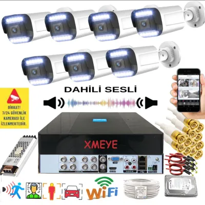 7 Kameralı Set - Yapay Zeka Özellikli Gece Renkli Sesli FullHD 5Mp Lensli 12 Warm Ledli Güvenlik Kamerası Seti 312WS-9008