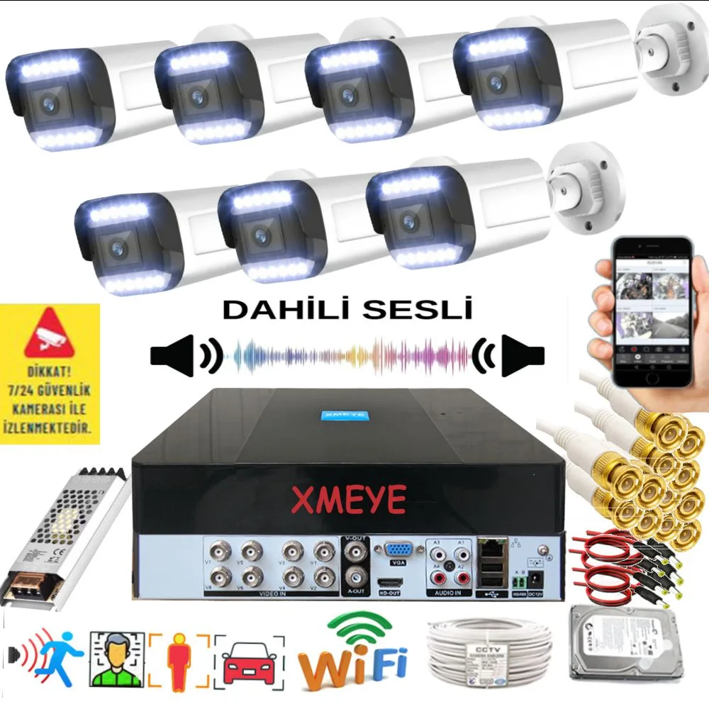 7 Kameralı Set - Yapay Zeka Özellikli Gece Renkli Sesli FullHD 5Mp Lensli 12 Warm Ledli Güvenlik Kamerası Seti 312WS-9008