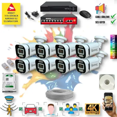 8 Kameralı POE IP Set - Yapay Zeka Özellikli Gece Renkli Gösteren Sesli 6 Warm Ledli 4K FULLHD IP Güvenlik Kamerası Seti 4386WS