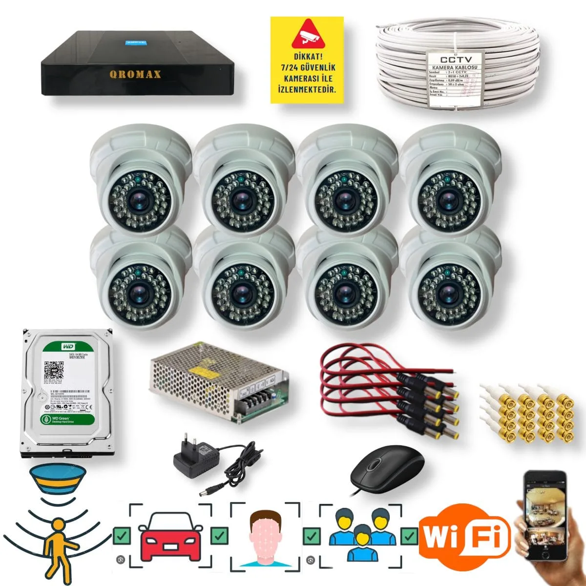 8 Kameralı Set – Yapay Zeka Özellikli Gece Görüşlü 5 MP Sony Lensli FullHD İç Mekan Güvenlik Kamerası Seti D136B-9008