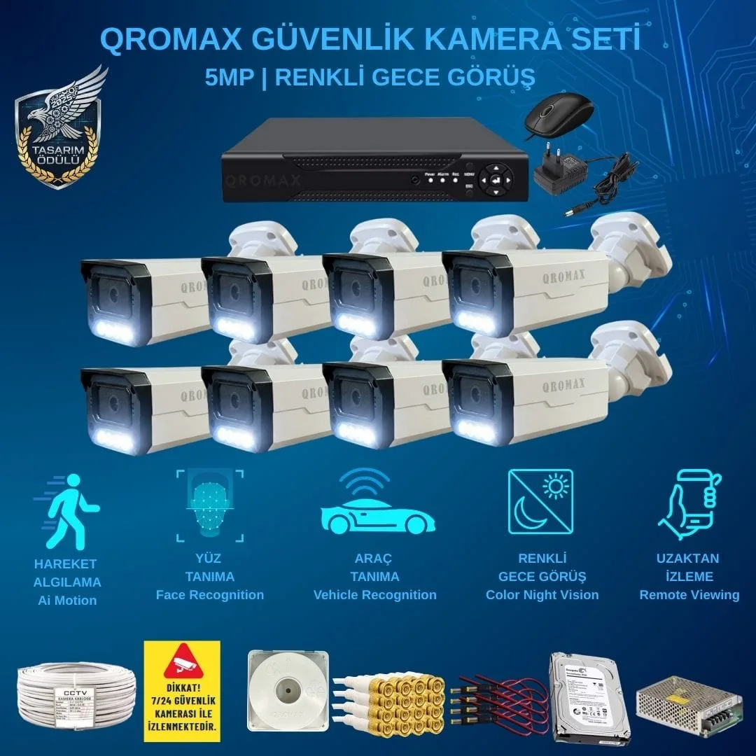 8 Kameralı Set - Yapay Zeka Özellikli Gece Renkli Gösteren 5 MP SONY Lensli 4 Warm Ledli FULLHD Güvenlik Kamerası Seti 3404W
