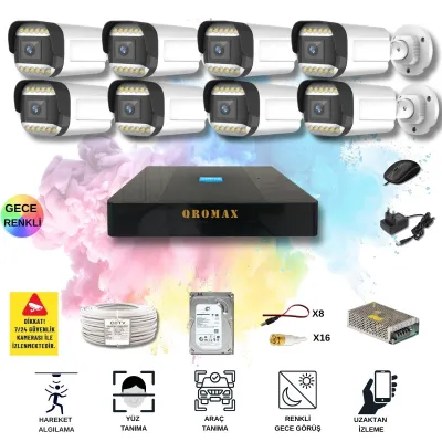 8 Kameralı Set - Yapay Zeka Özellikli Gece Renkli Gösteren 5MP SONY Lensli 12 Warm Ledli FULLHD Güvenlik Kamerası Seti 312W-9008