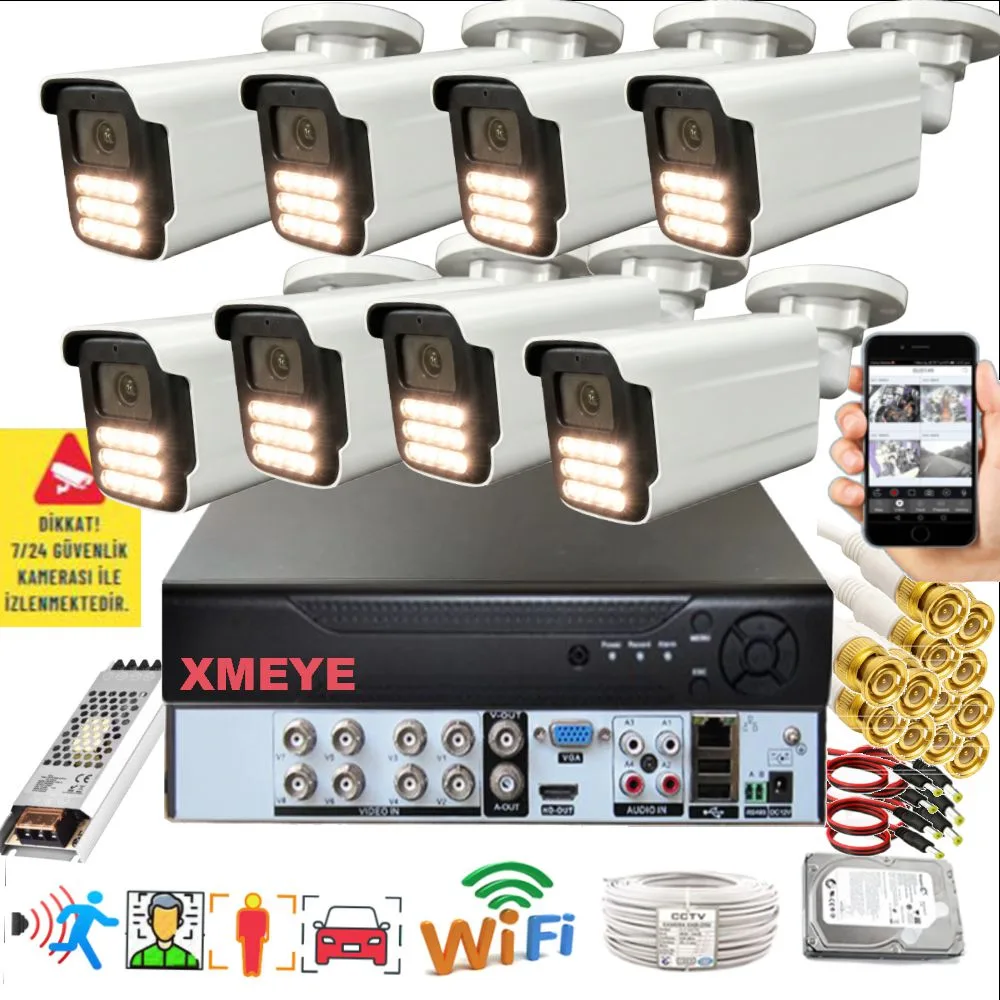 8 Kameralı Set - Yapay Zeka Özellikli Gece Renkli Gösteren 5MP SONY Lensli 15 Warm Ledli FULLHD Güvenlik Kamerası Seti 3015W-108