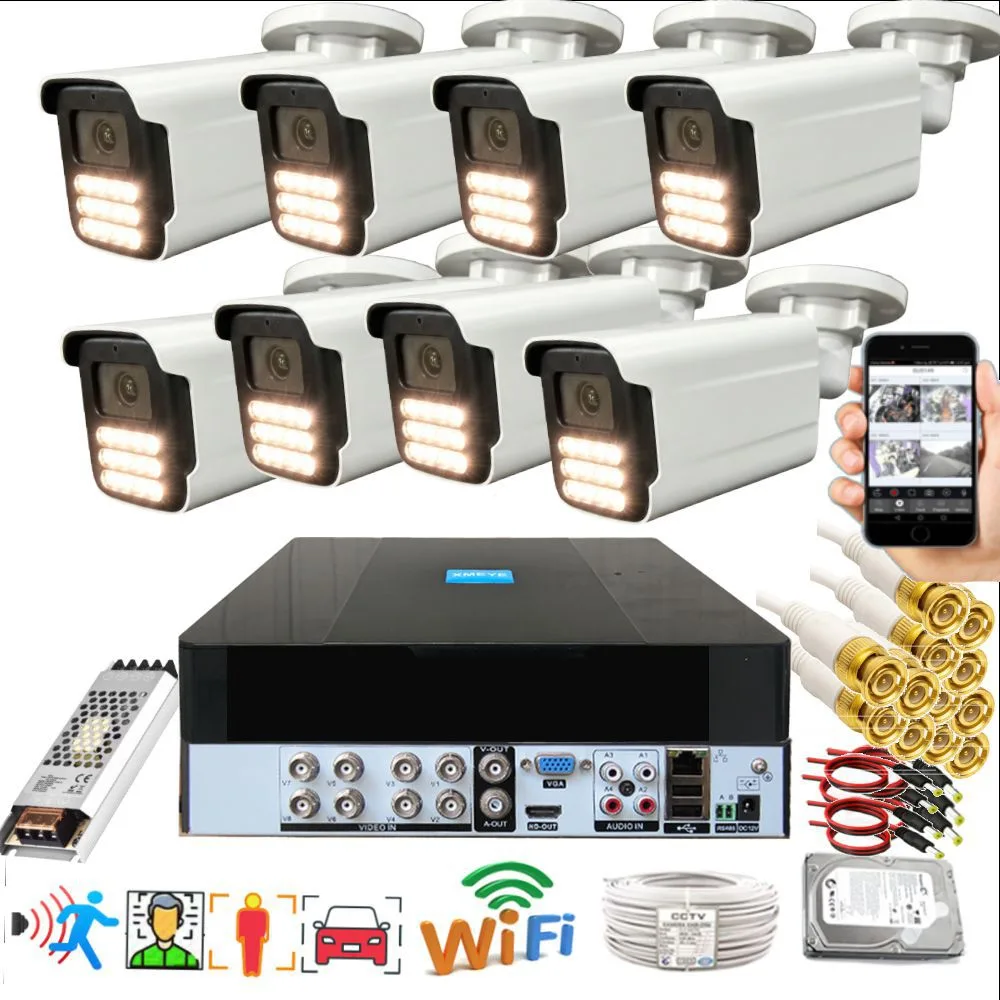 8 Kameralı Set - Yapay Zeka Özellikli Gece Renkli Gösteren 5MP SONY Lensli 15 Warm Ledli FULLHD Güvenlik Kamerası Seti 3015W-9008