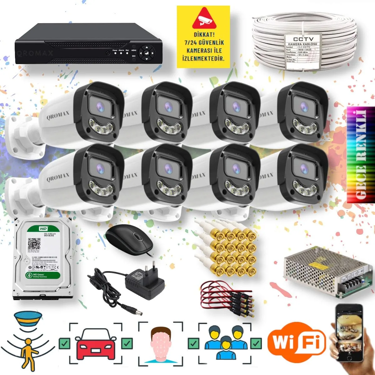 8 Kameralı Set - Yapay Zeka Özellikli Gece Renkli Gösteren 5MP SONY Lensli 4 Ultra Warm Ledli FULLHD Güvenlik Kamerası Seti 2304W-108