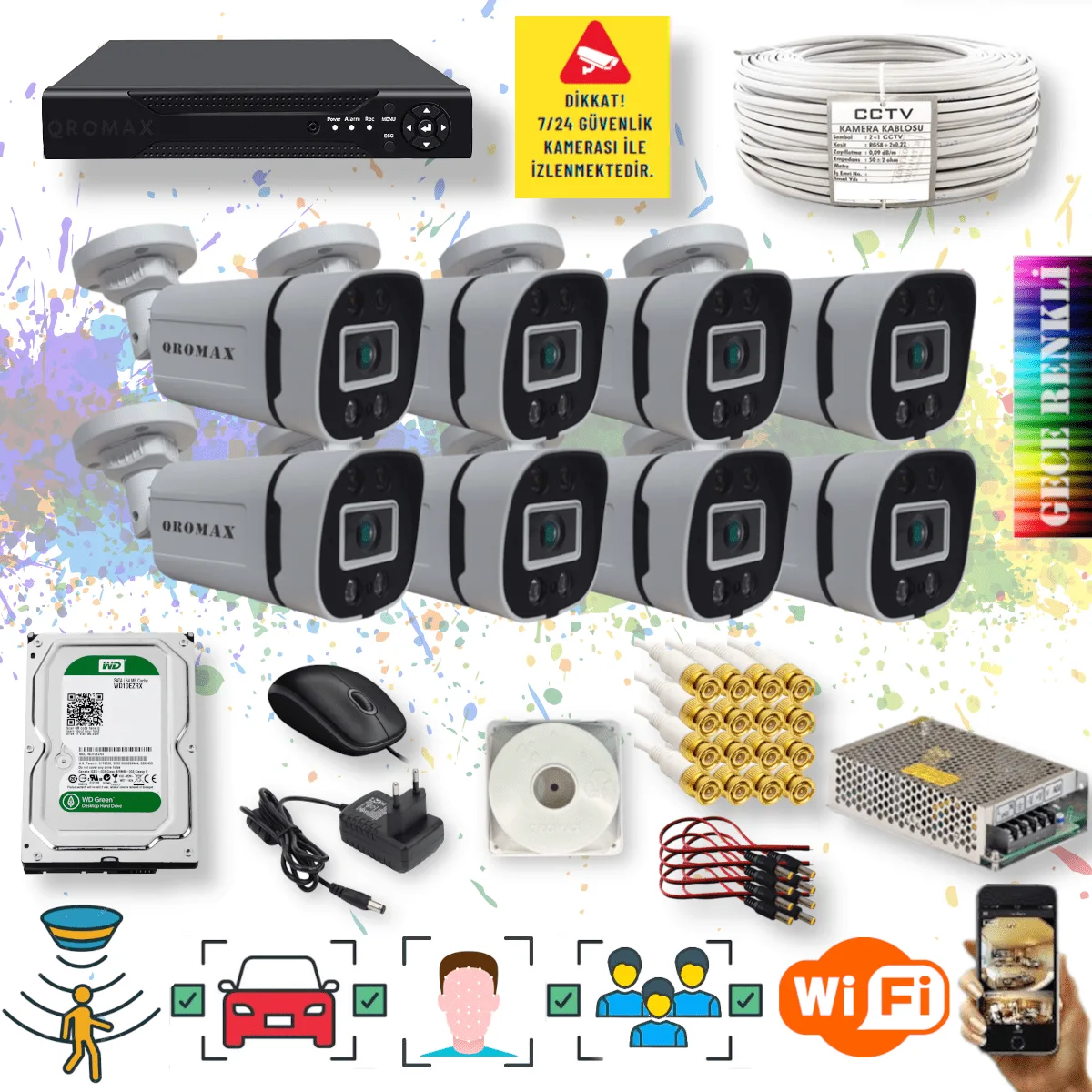 8 Kameralı Set - Yapay Zeka Özellikli Gece Renkli Gösteren 5MP SONY Lensli 4 Ultra Warm Ledli FULLHD Güvenlik Kamerası Seti 604W-108