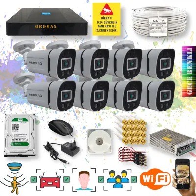 8 Kameralı Set - Yapay Zeka Özellikli Gece Renkli Gösteren 5MP SONY Lensli 4 Ultra Warm Ledli FULLHD Güvenlik Kamerası Seti 604W-9008