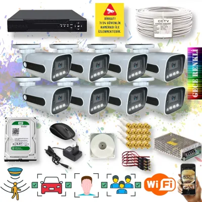 8 Kameralı Set - Yapay Zeka Özellikli Gece Renkli Gösteren 5MP SONY Lensli 4 Ultra Warm Ledli FULLHD Güvenlik Kamerası Seti 784W-108