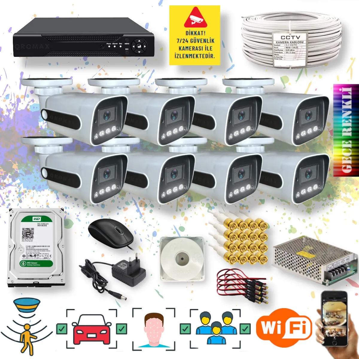 8 Kameralı Set - Yapay Zeka Özellikli Gece Renkli Gösteren 5MP SONY Lensli 4 Ultra Warm Ledli FULLHD Güvenlik Kamerası Seti 784W-108