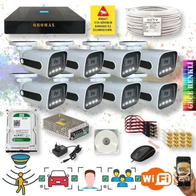 8 Kameralı Set - Yapay Zeka Özellikli Gece Renkli Gösteren Fullhd Güvenlik Kamerası Seti 784w-9008