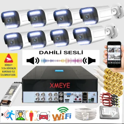 8 Kameralı Set - Yapay Zeka Özellikli Gece Renkli Sesli FullHD 5Mp Lensli 12 Warm Ledli Güvenlik Kamerası Seti 312WS-9008