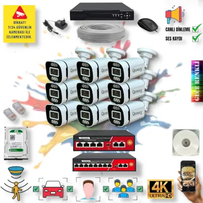 9 Kameralı POE IP Set - Yapay Zeka Özellikli Gece Renkli Gösteren Sesli 6 Warm Ledli 4K FULLHD IP Güvenlik Kamerası Seti 4386WS