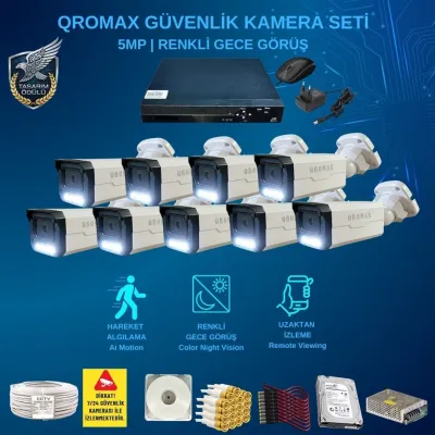 9 Kameralı Set - Gece Renkli Gösteren Hareket Algılayan 5 Mp Sony Lensli 1080p Full Hd Güvenlik Kamerası Seti 3404w