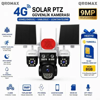 9MP Çift Panelli 3 Lensli 4G SIM Kartlı Solar PTZ Güvenlik Kamerası + 12 Ay Turkcell Hat Hediye 4G_QR_S3