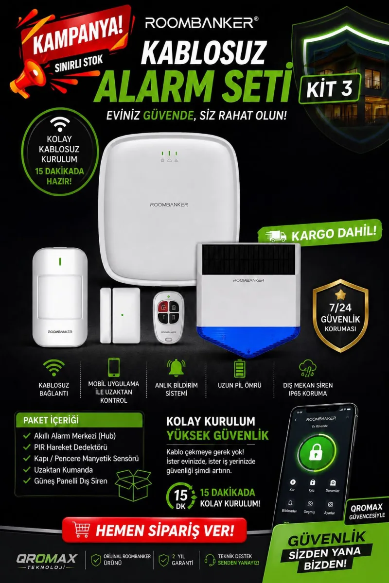 Kablosuz Akıllı Alarm Sistemi | WiFi Ethernet Destekli Ev ve İş Yeri Güvenlik Seti Roombanker Kit 3