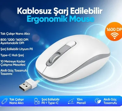 Şarj Edilebilir Kablosuz Mouse Dual Mode 1600 DPI Ergonomik 2.4G Bluetooth cns-beyaz