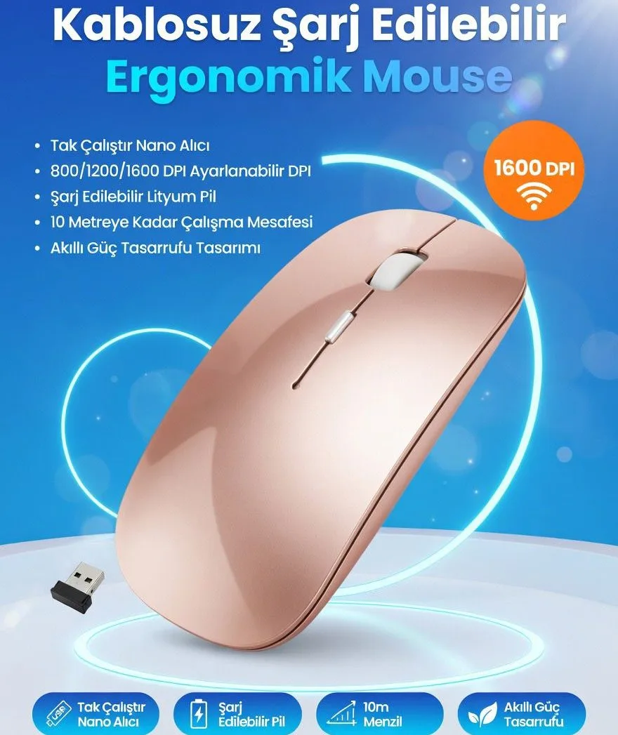 Şarj Edilebilir Kablosuz Mouse Dual Mode 1600 DPI Ergonomik 2.4G Bluetooth cns-gold