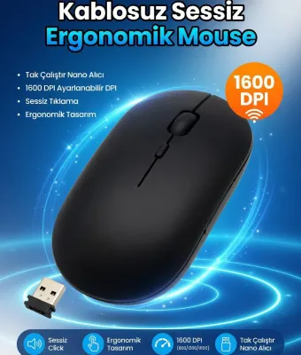 Şarj Edilebilir Kablosuz Mouse Dual Mode 1600 DPI Ergonomik 2.4G Bluetooth cns-siyah