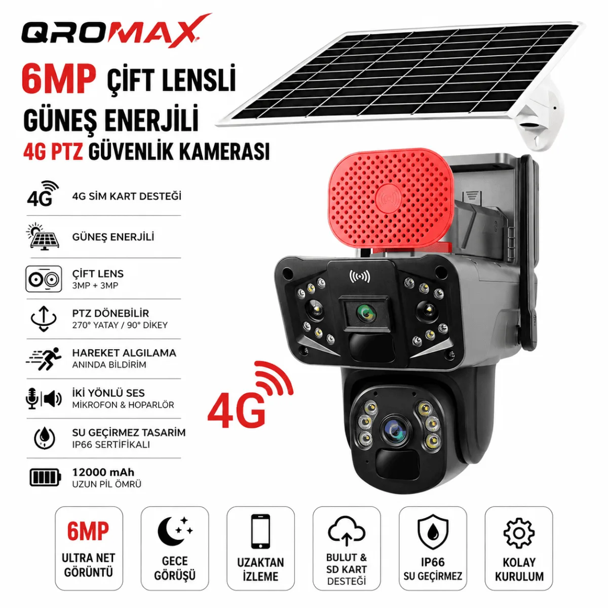 Solar Panelli, Güneş Enerjili, SIM Kartlı 4G, 6MP Çift Lensli Hareket Algılamalı PTZ Güvenlik Kamerası-Adtp33